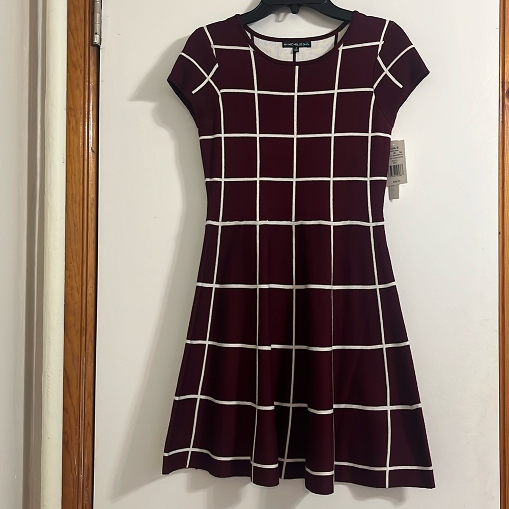 My Michelle Girls Dress Windowpane Fit Flare Size L / 14 color Wine and Ivory